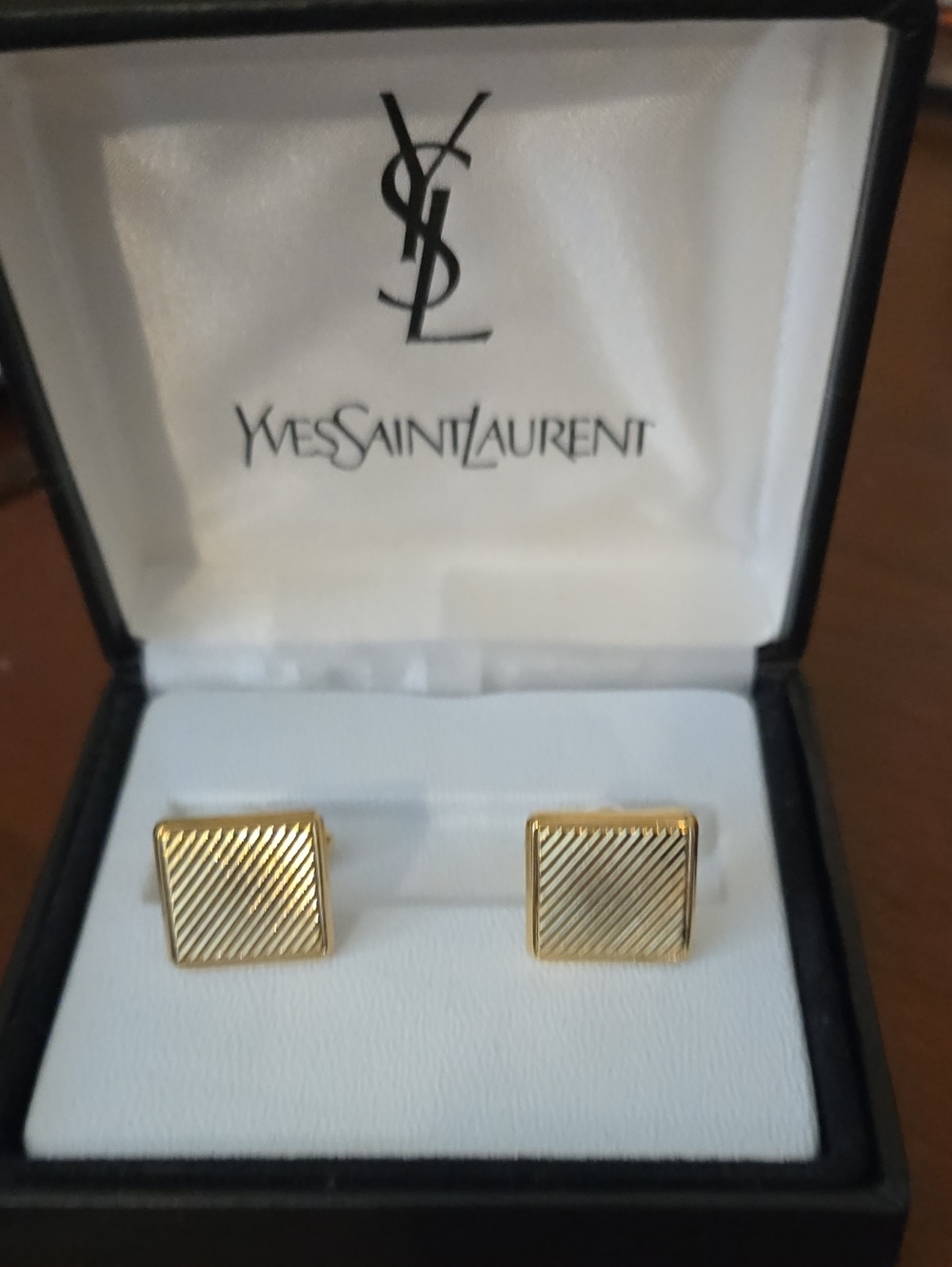 Yves Saint Laurent Vintage Gold Diagonal-Striped Pattern Cufflinks.